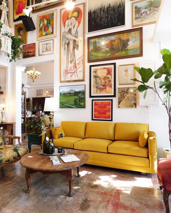 Gold Sofas | gallery wall Bohemian decor yellow vintage couch | Girlfriend is Better