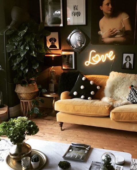 Gold Sofas | Maximalist decor Bohemian neon sign plants gallery wall | Girlfriend is Better