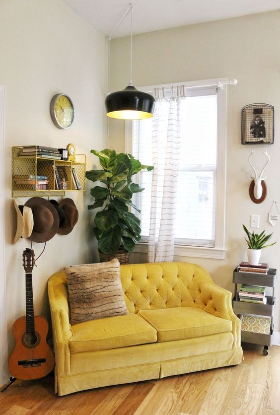 Gold Sofas | tufted mid-century modern fiddle leaf fig | Girlfriend is Better