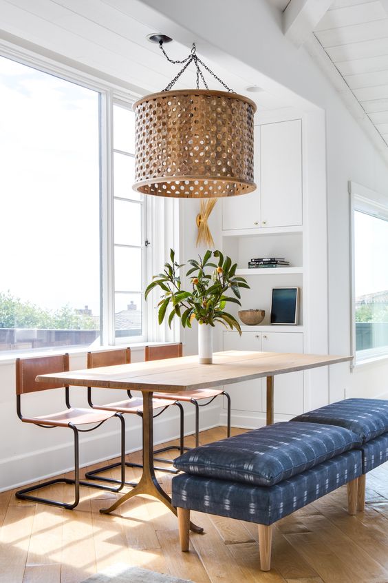 Breuer style chairs | white dining room blue bench wood element | Girlfriend is Better