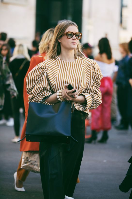 puff shoulders | ruched sleeves striped blouse top handle purse | Girlfriend is Better