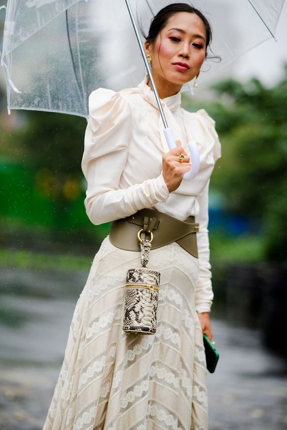 puff shoulders | cream tie neck pussy bow blouse all white skirt | Girlfriend is Better