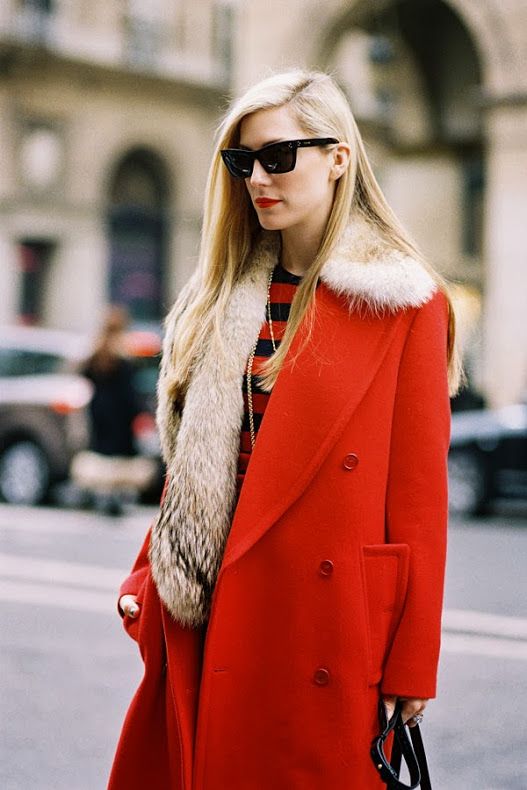 Valentine's Day street style outfits | red wool coat faux fur stole stripes sunglasses | Girlfriend is Better