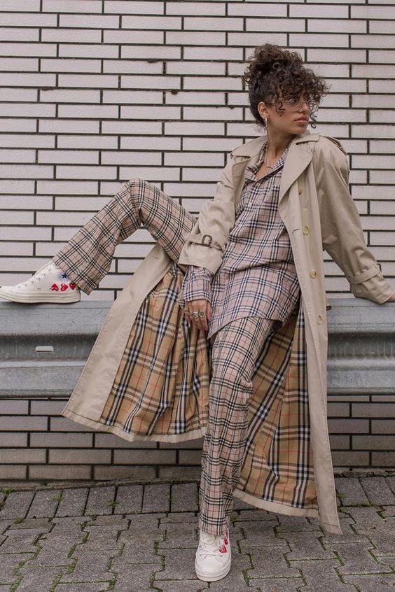 Valentine's Day street style outfits | plaid pants suit trench coat white Converse tennis shoes hearts | Girlfriend is Better