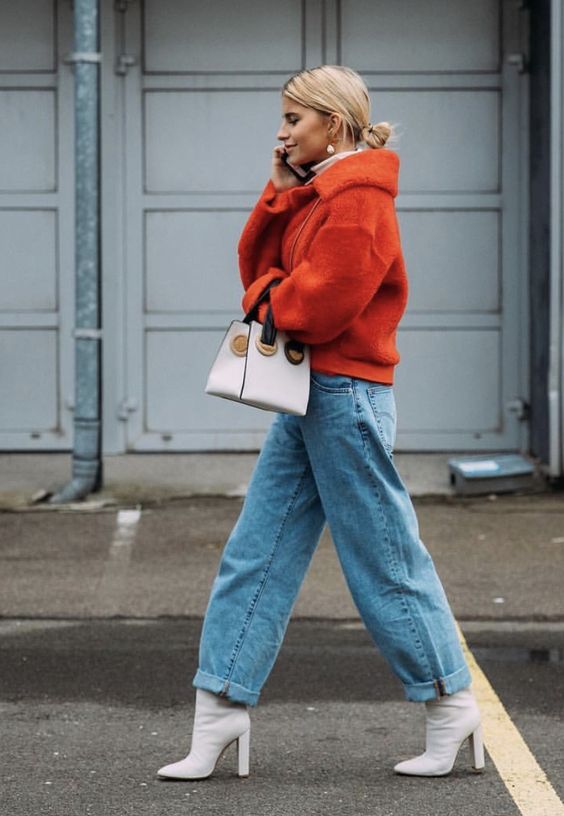 Valentine's Day street style outfits | red cropped teddy bear fur jacket top handle purse white boots | Girlfriend is Better