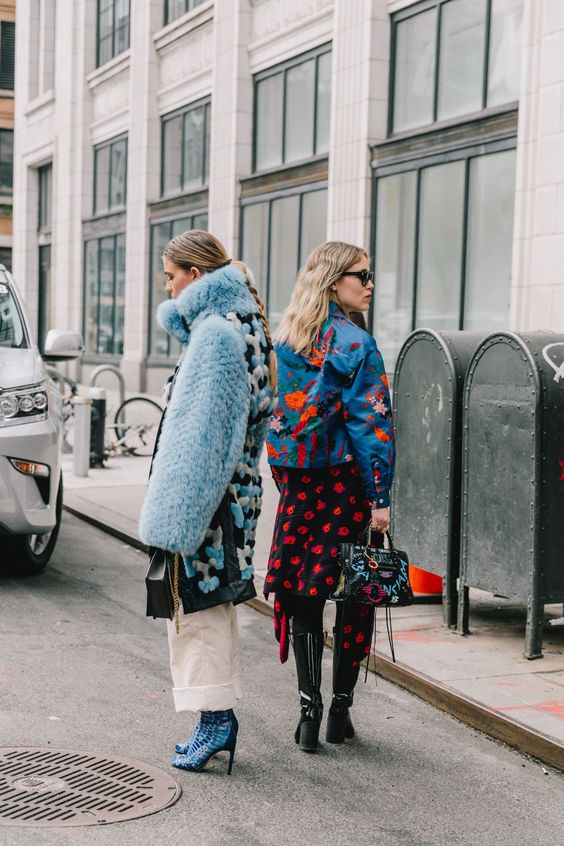 Valentine's Day street style outfits | faux fur coat white high-water pants rose floral spring dress embroidered denim jacket top handle purse | Girlfriend is Better