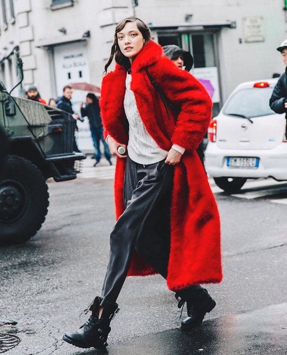 Valentine's Day street style outfits | full-length coat red faux fur white sweater combat boots | Girlfriend is Better