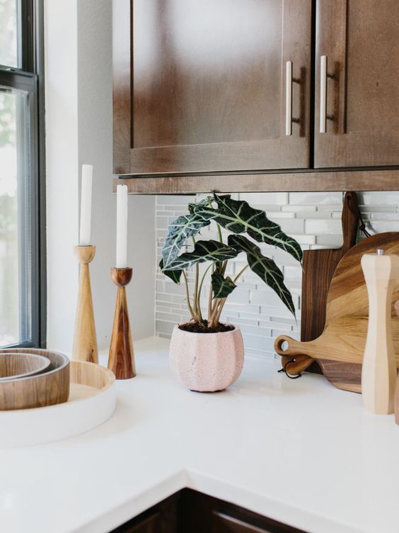 Candlesticks | Bohemian kitchen natural wood cabinets | Girlfriend is Better