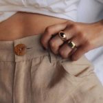 gold signet ring | barrel leg chino pants white tie front top | Girlfriend Is Better