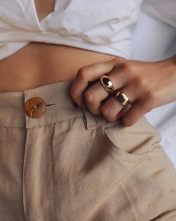 gold signet ring | barrel leg chino pants white tie front top | Girlfriend Is Better