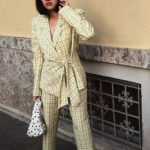 pant suits yellow plaid tie waist blazer polka dot purse | Girlfriend is Better