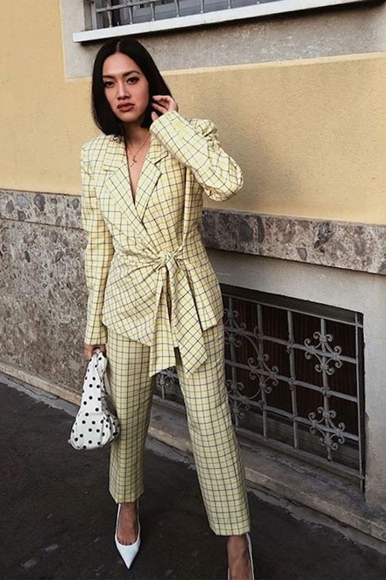 pant suits yellow plaid tie waist blazer polka dot purse | Girlfriend is Better