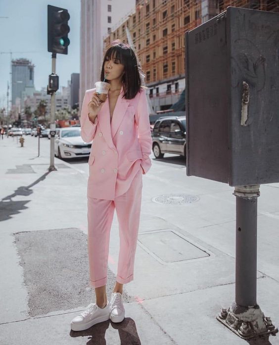 pant suits pink double-breasted blazer white tennis shoes | Girlfriend is Better