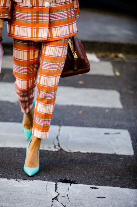 pant suits orange plaid top handle purse double-breasted blazer | Girlfriend is Better