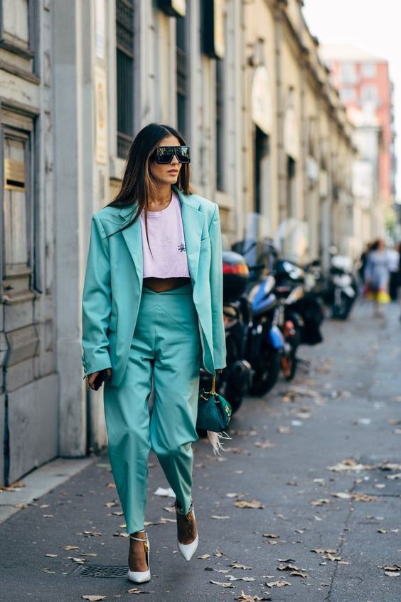 pant suits shield sunglasses teal double-breasted blazer oversized high-waist | Girlfriend is Better