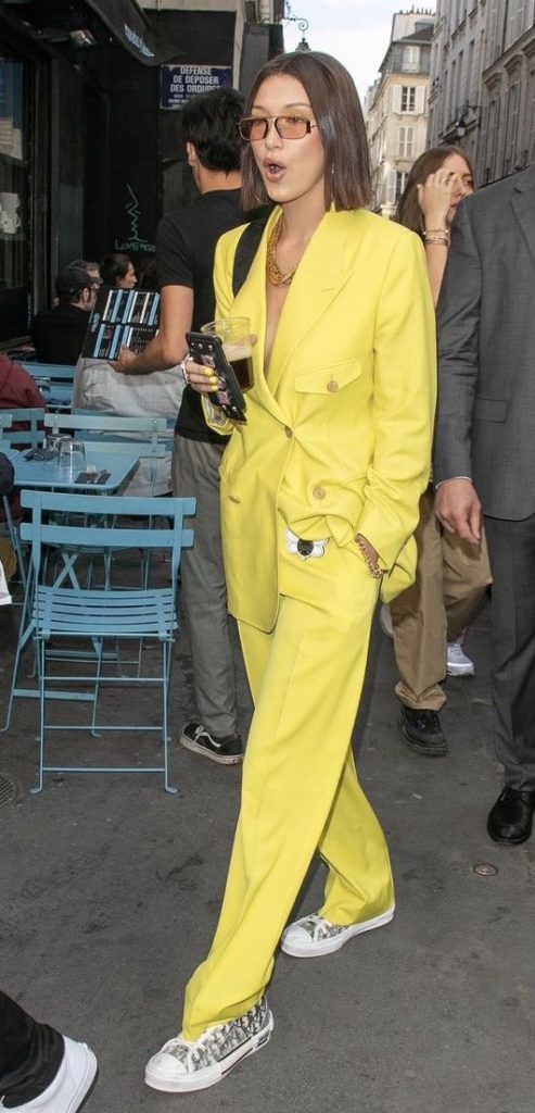 pant suits yellow double-breasted blazer monochromatic tennis shoes | Girlfriend is Better