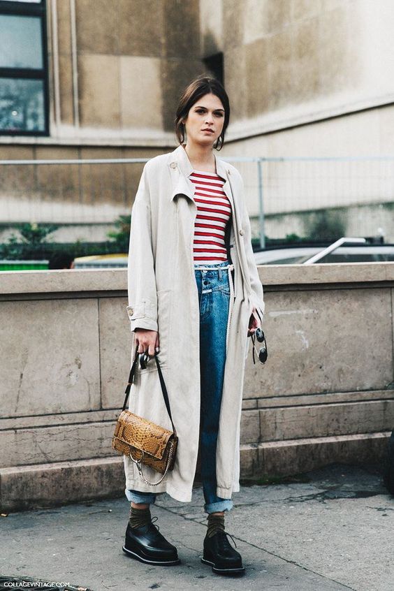 tomboy fashion | full-length trench coat striped tee high-water vintage Girbaud jeans 90s top handle snakeskin purse | Girlfriend is Better