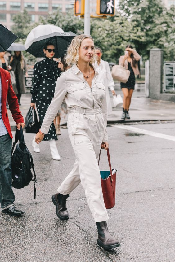 barrel jeans | all-white belted jumpsuit high-water denim | Girlfriend is Better