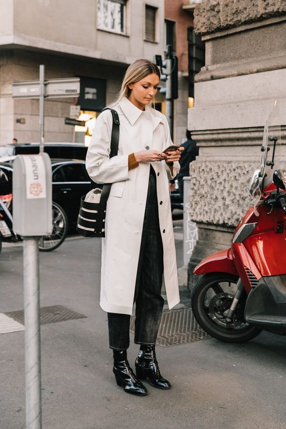 black barrel jeans | patent leather boots beige trench coat | Girlfriend is Better