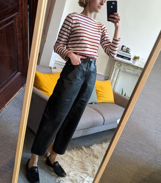 black barrel jeans | striped long sleeve top French girl cool loafers wide leg | Girlfriend is Better