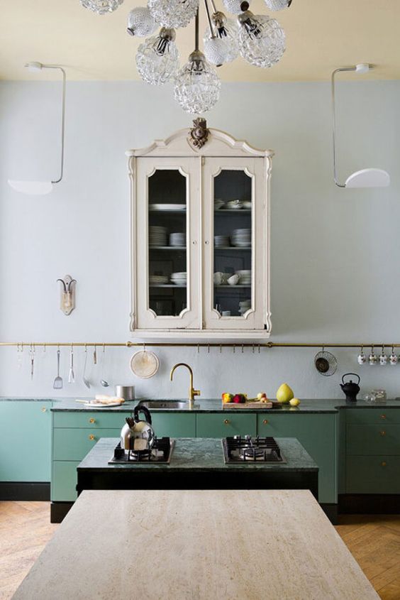 vintage kitchen shelving | French country cabinet hanging rack green cupboards | Girlfriend is Better