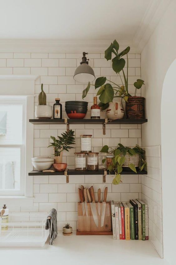 kitchen shelving | plants Bohemian vignette knife block cookbooks display | Girlfriend is Better