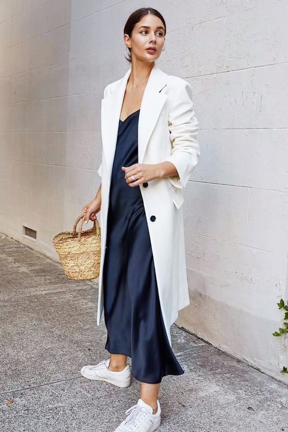 blue satin dress trench coat straw purse white tennis shoes | Girlfriend is Better