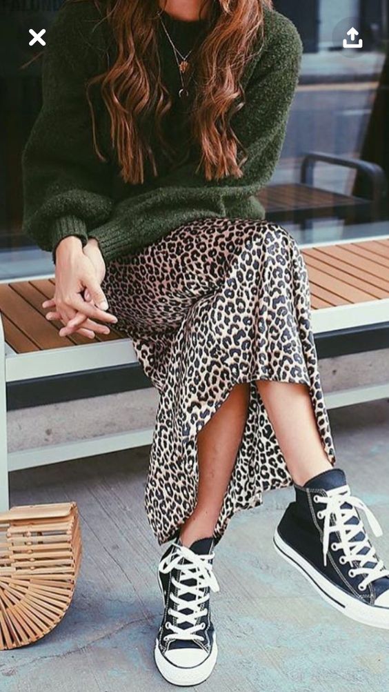 satin cheetah print maxi skirt green oversized sweatshirt accordion straw purse | Girlfriend is Better