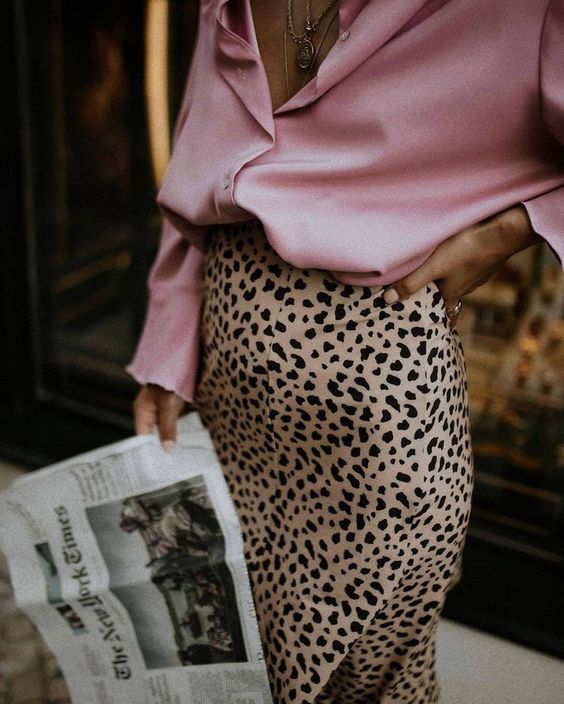 pink satin blouse leopard print midi skirt work wear | Girlfriend is Better