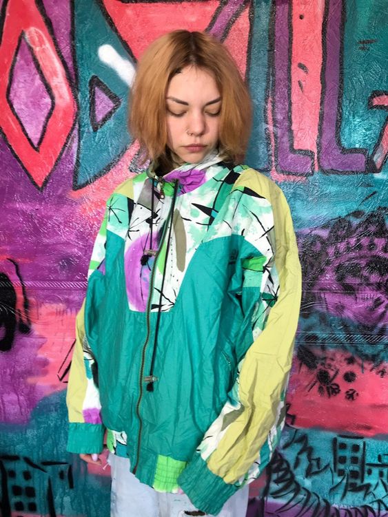 vintage windbreakers | full zip 80s multicolored rave jacket green | Girlfriend is Better