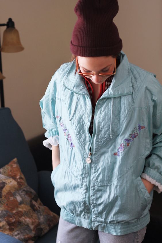 vintage windbreakers | 80s Wilson light blue embroidered flowers quilted cinched sleeves | Girlfriend is Better