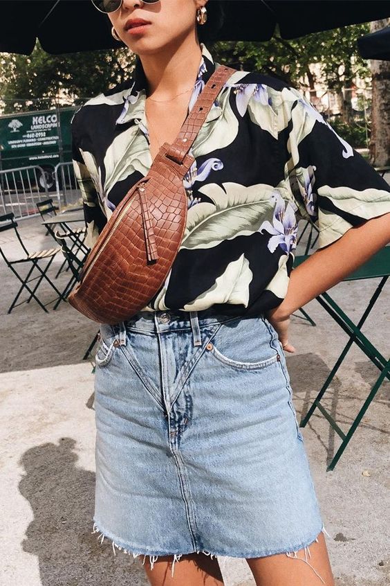 hawaiian shirts | Large Tropical Summer blouse floral denim fanny pack | Girlfriend is Better