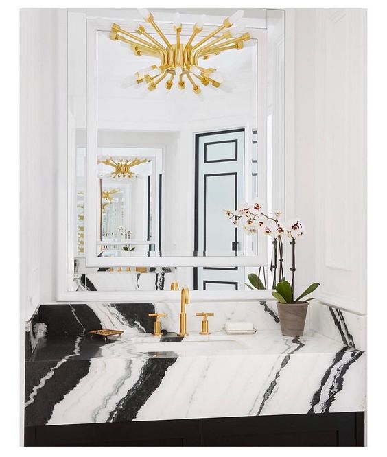 panda marble | bathroom sink gold chandelier mid-century modern contemporary black white | Girlfriend is Better