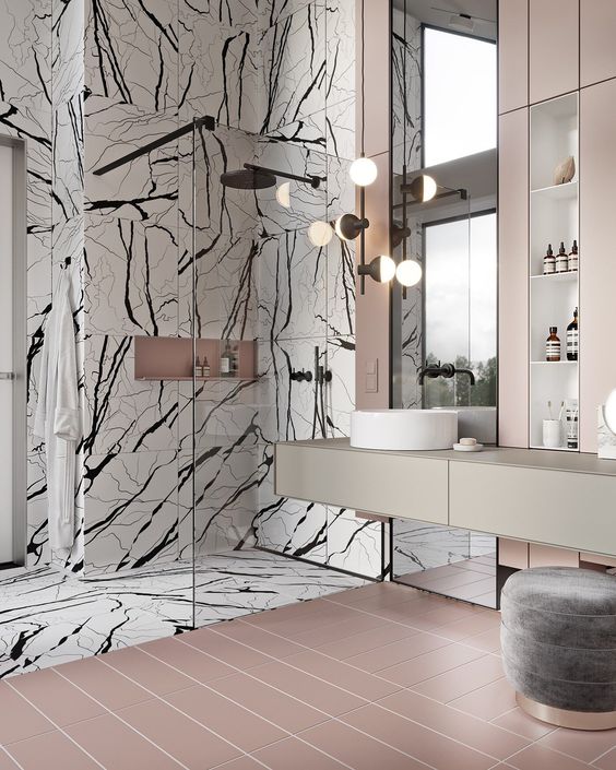 panda marble | pink contemporary bathroom tile shower black white French art deco | Girlfriend is Better