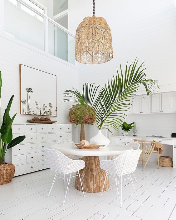 midsummer hygge | white dining room natural decor rattan hanging light beach house | Girlfriend is Better