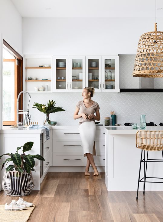 midsummer hygge | white kitchen open shelving rattan hanging light entertaining hostess | Girlfriend is Better