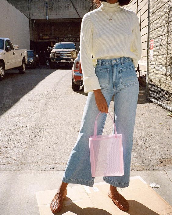 straight leg pants | turtleneck sweater high-waist high-rise leather sandals see through purse | Girlfriend is Better