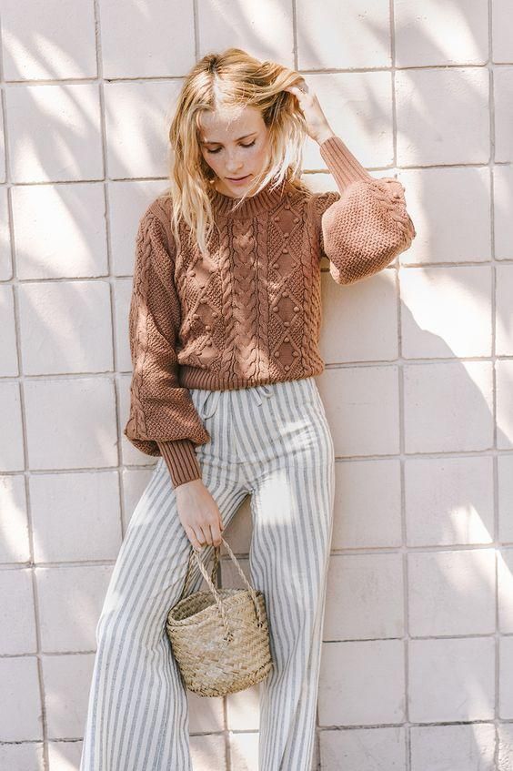 straight leg pants | stripes tip handle purse straw bag bishop sleeves sweater fall fashion linen | Girlfriend is Better