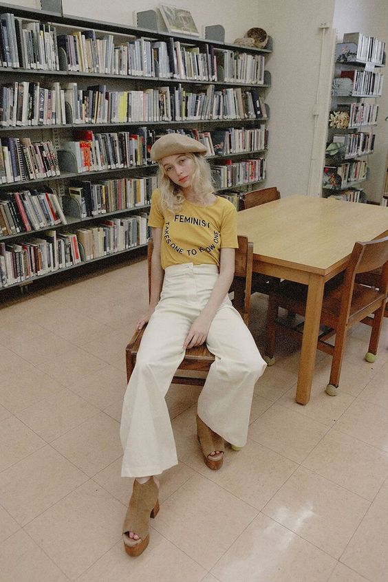 straight leg pants | white high-waist vintage tee feminism beret neutrals | Girlfriend is Better