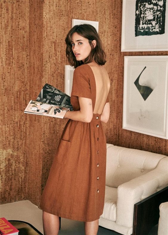 summer dresses | rust brown buttons open back pockets | Girlfriend is Better