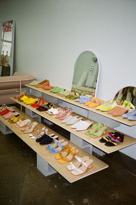 summer sandals | light wood shoe display | Girlfriend is Better