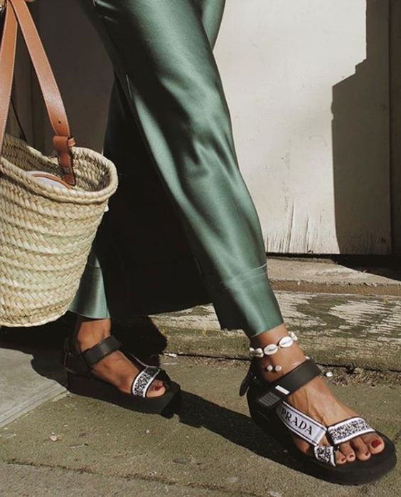 summer sandals | green silk pants with woven bag | Girlfriend is Better