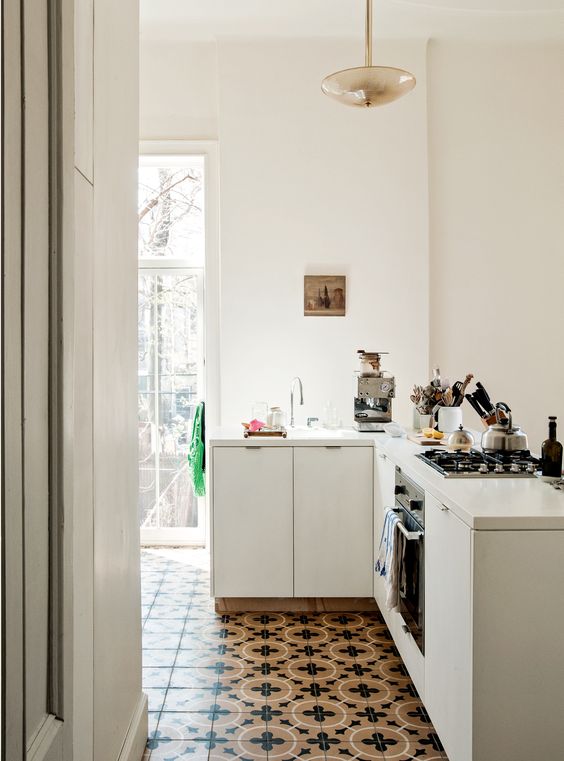 white interiors | graphic tile kitchen vintage | Girlfriend is Better