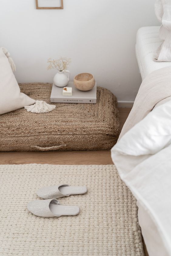 white interiors | natural fiber rug hygge bedroom linen bedding | Girlfriend is Better