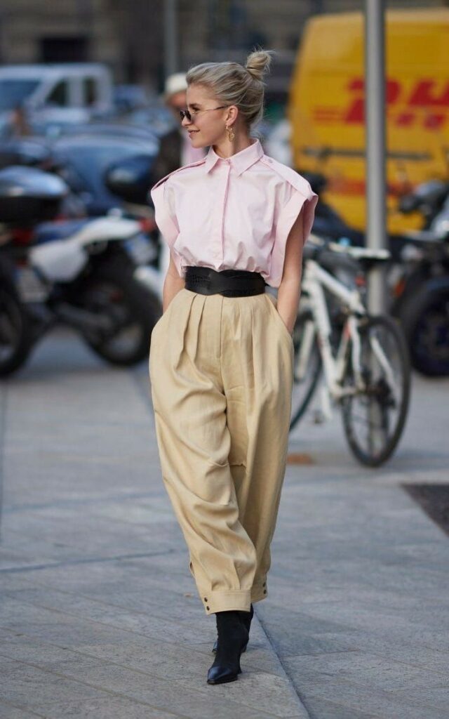 80s street chic | pleated high-waist slacks wide belt tapered leg chinos khakis | Girlfriend is Better