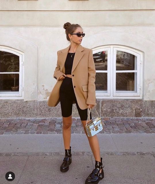 bike shorts | oversized blazer wool camel tiny sunglasses work wear | Girlfriend is Better