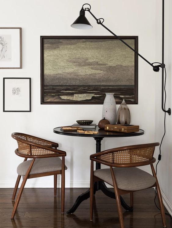 horseshoe chairs | nook kitchen pedestal table antiques caned back landscape art | Girlfriend is Better