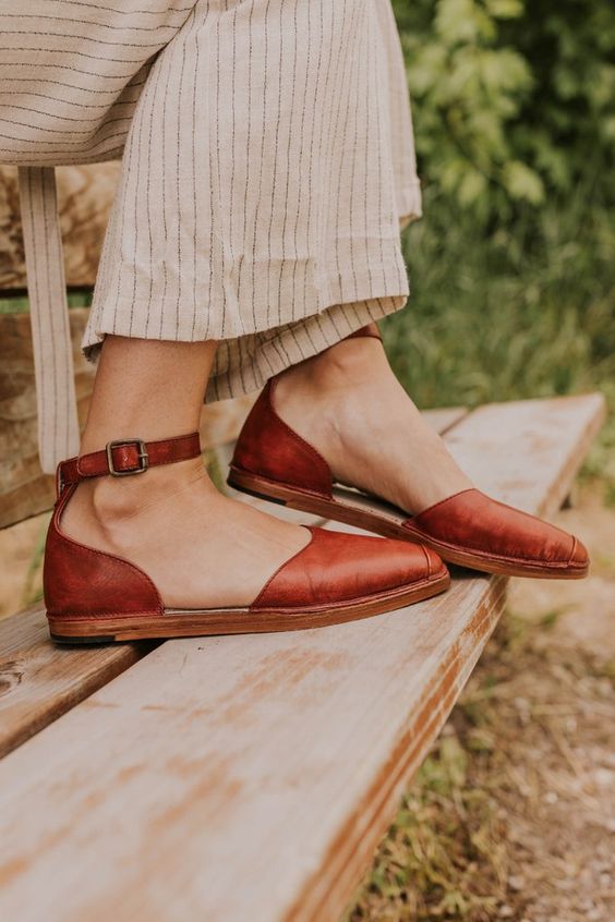 leather flats | Cinnamon neutral ankle strap casual linen | Girlfriend is Better