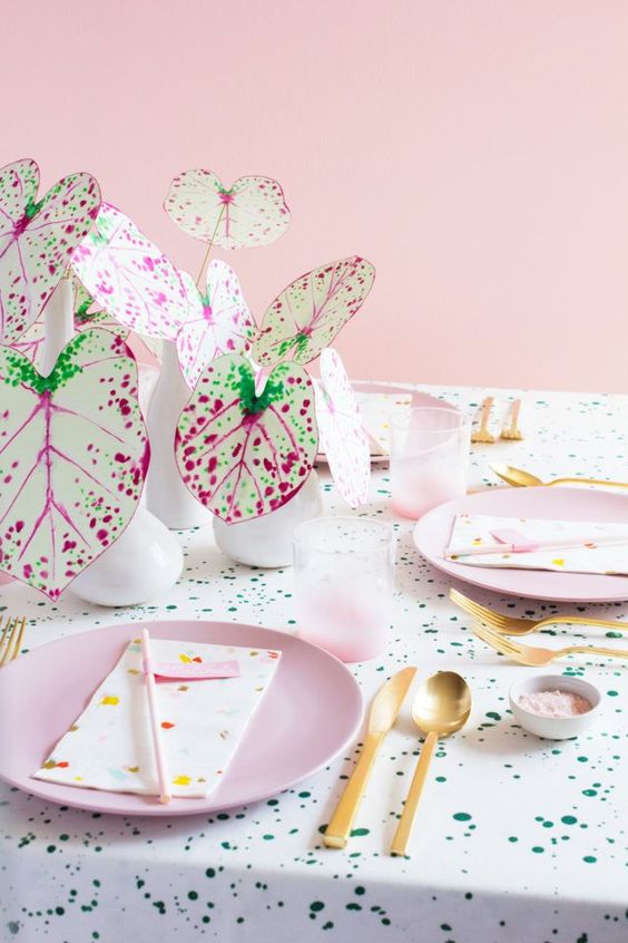 pink plants | paper Caladium tablescape diy gold | Girlfriend is Better