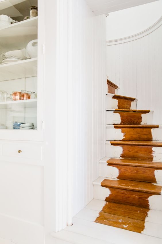 white interiors | distressed staircase paint open shelving | Girlfriend is Better